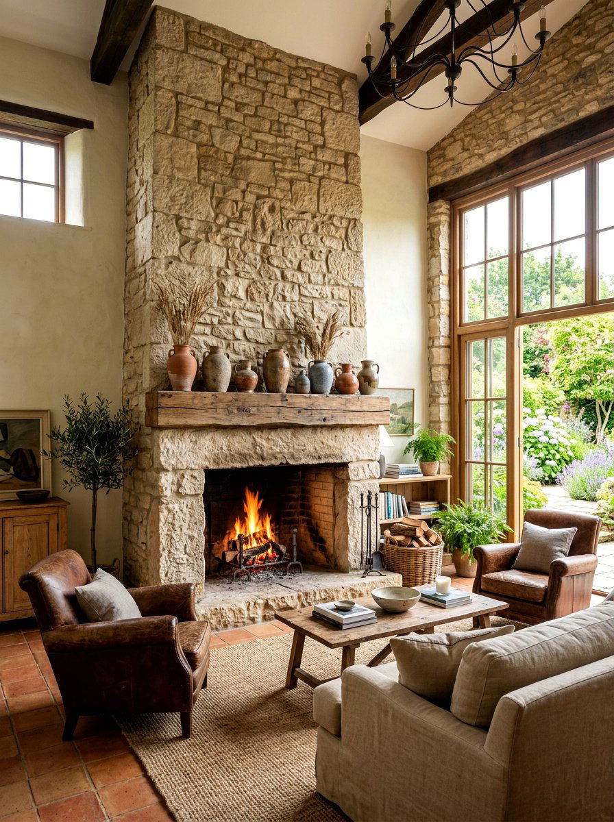 Stone fireplace living room - 30 Tuscan revival living room ideas
