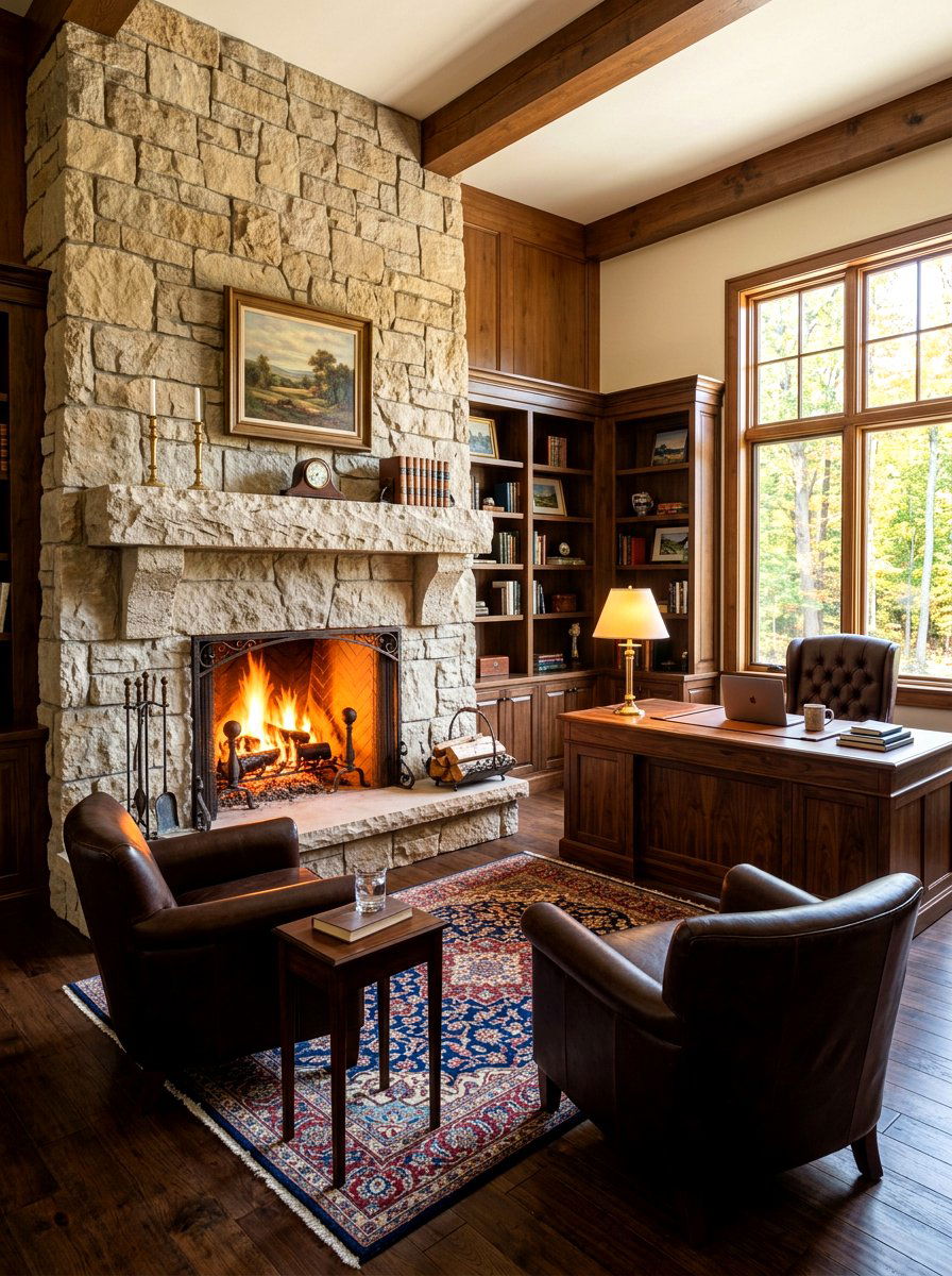 Stone fireplace office - 30 quiet luxury office ideas