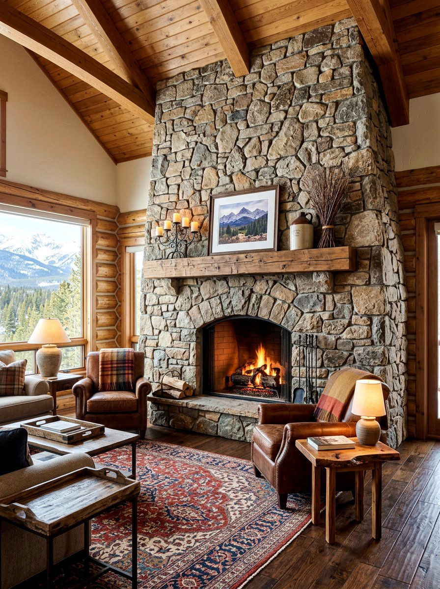 Stone fireplace surround - 30 earthy home decor ideas