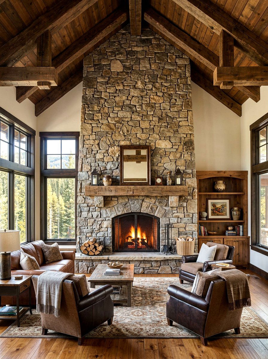 Stone fireplace vaulted living room - 30 vaulted living room ideas