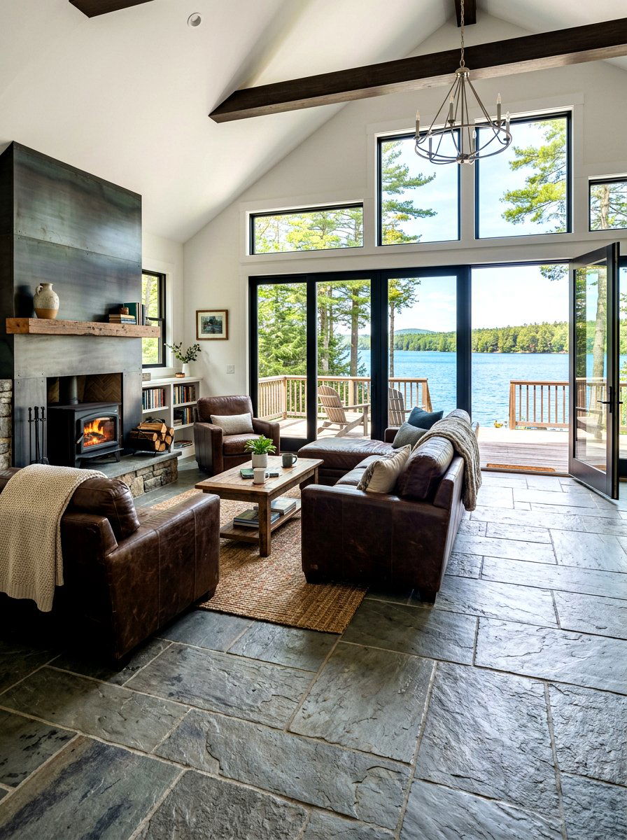 Stone floor lake house - 30 lake house living room ideas