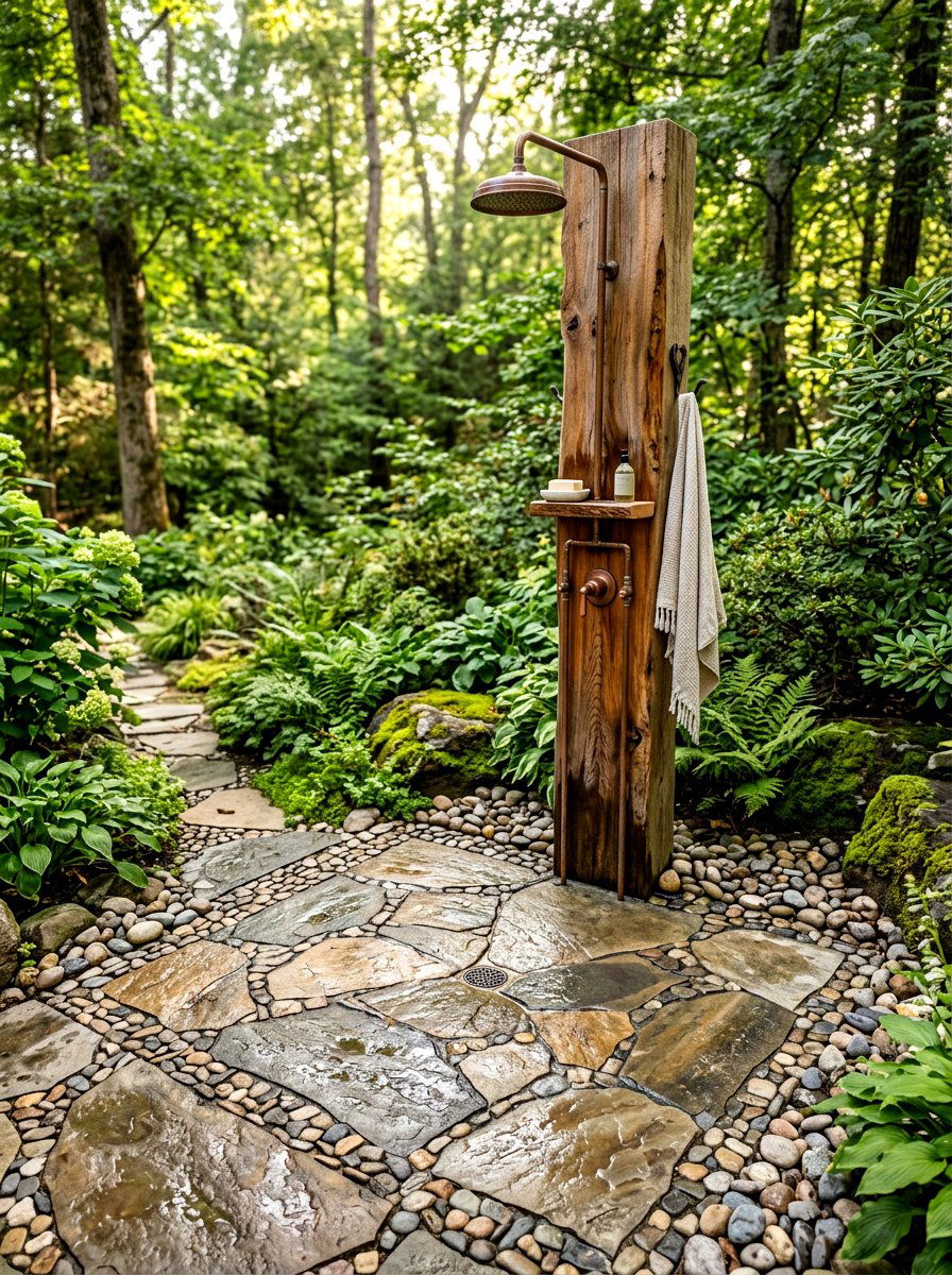 Stone floor outdoor shower - 30 outdoor shower summer ideas