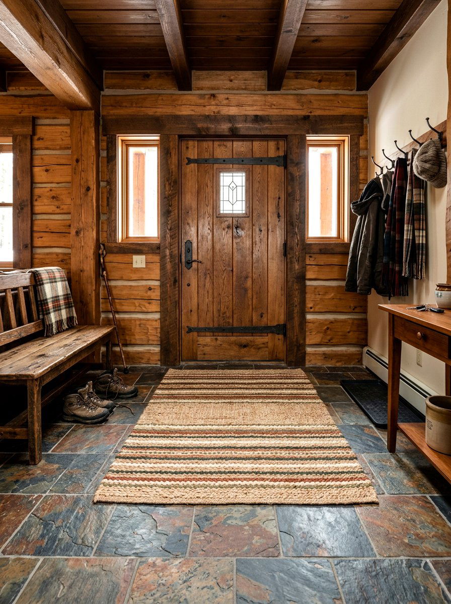 Stone flooring cabin entryway - 30 lake cabin decor ideas