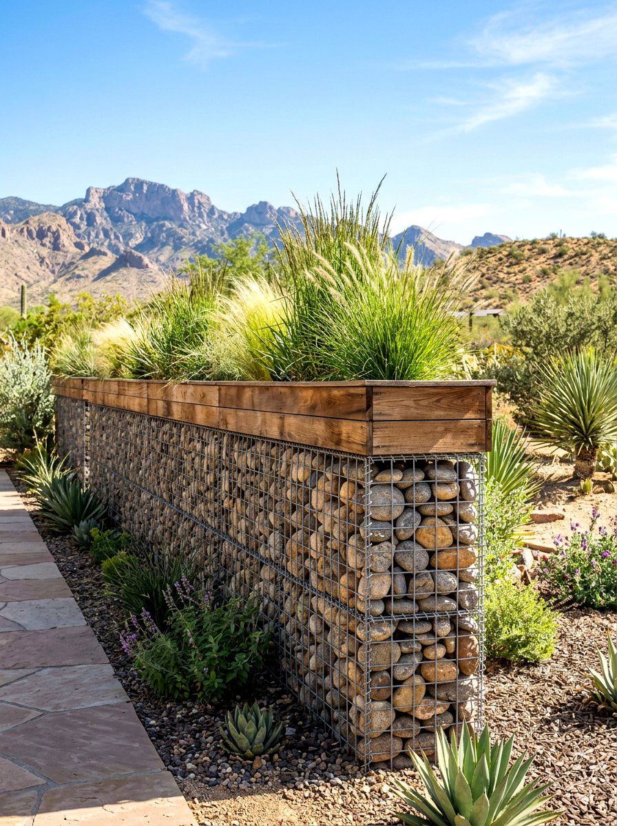 Stone gabion wall with planters - 30 privacy planter screen ideas