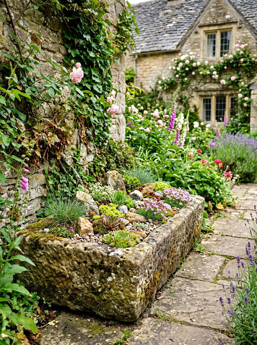 Stone garden troughs - 30 vintage garden decor ideas