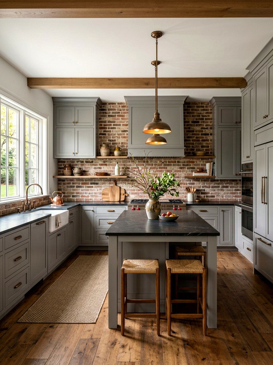 Stone gray kitchen with brick backsplash - 30 stone gray kitchen ideas