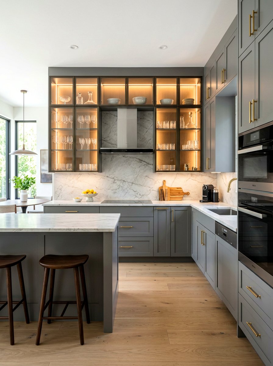 Stone gray kitchen with glass cabinets - 30 stone gray kitchen ideas