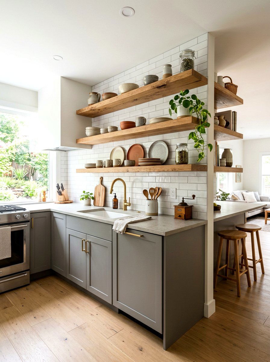 Stone gray kitchen with open shelving - 30 stone gray kitchen ideas