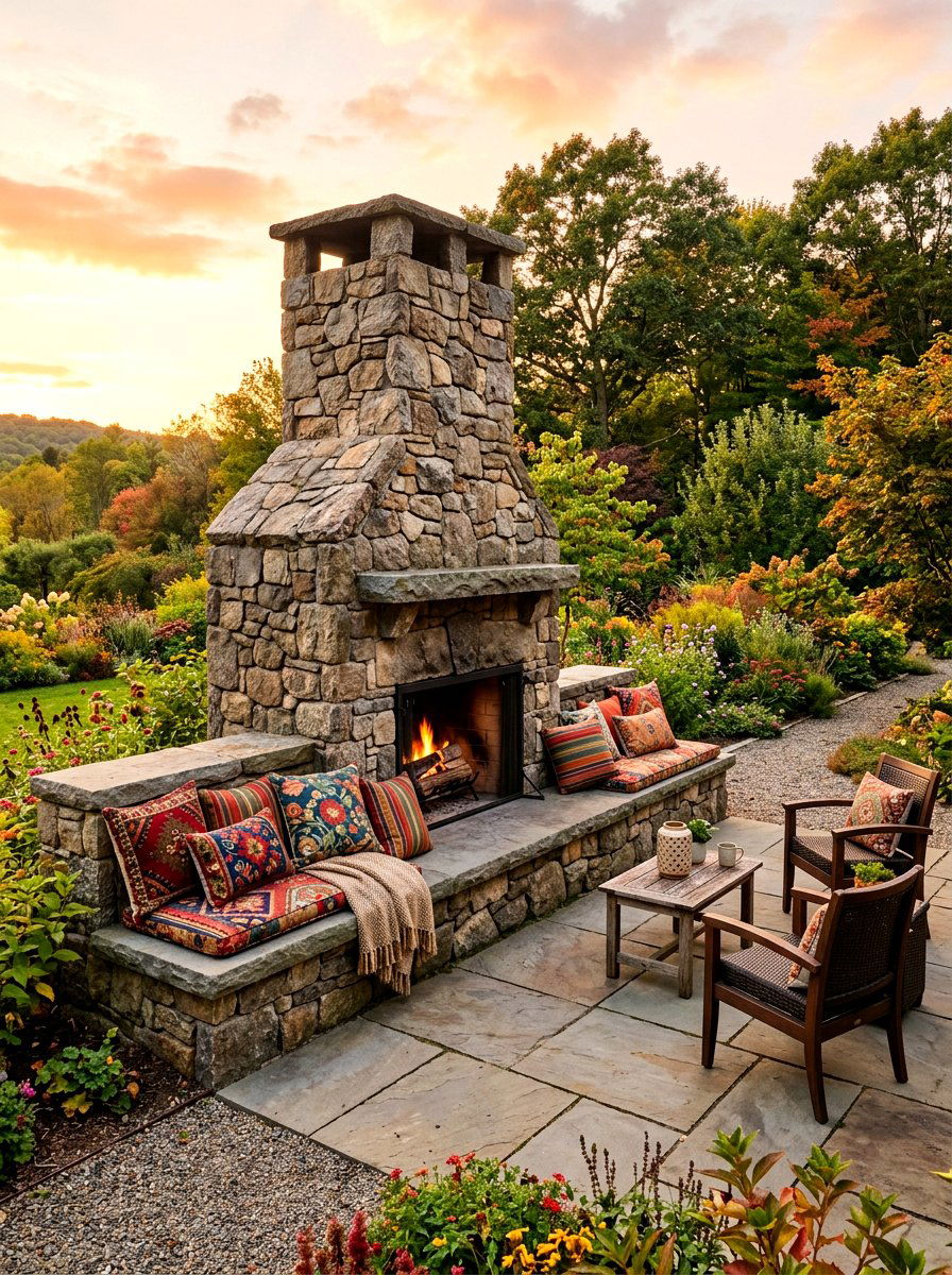 Stone hearth seating - 30 backyard fireplace seating ideas