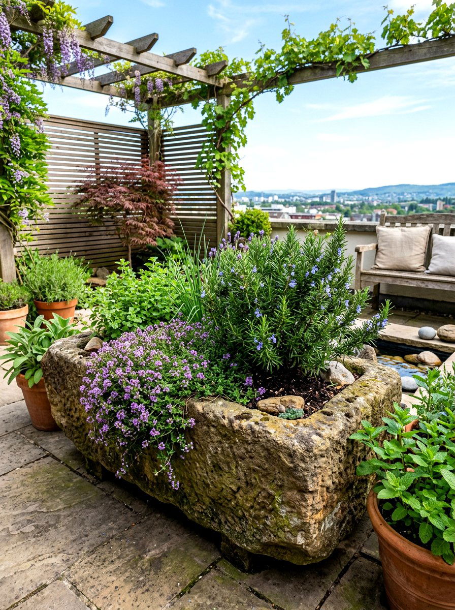 Stone herb garden planter - 30 rooftop herb garden ideas