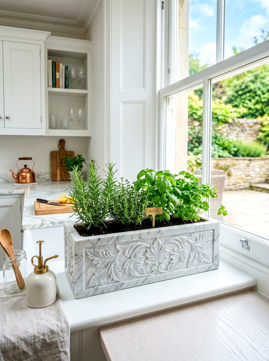 Stone herb planter - 30 windowsill herb garden ideas