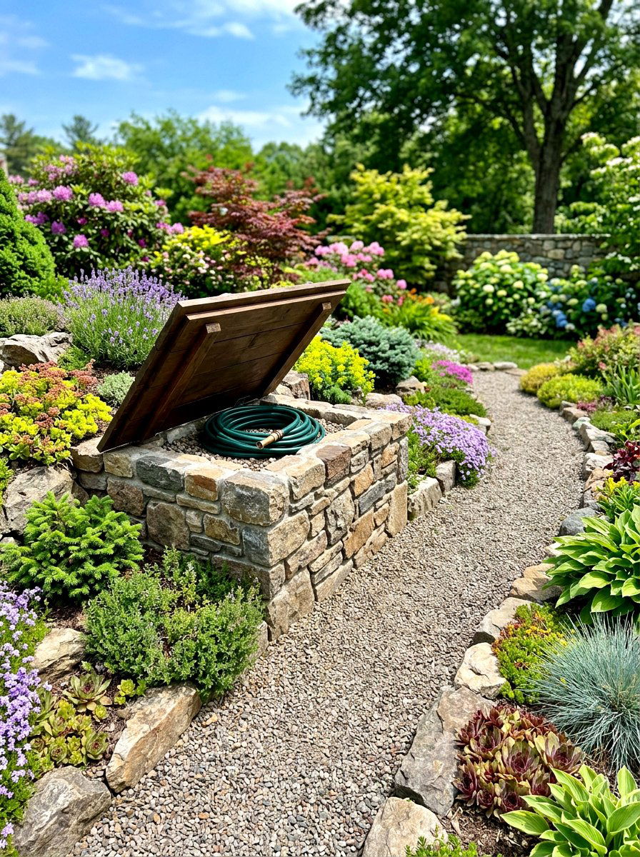 Stone hose enclosure box - 30 hose reel hideaway ideas