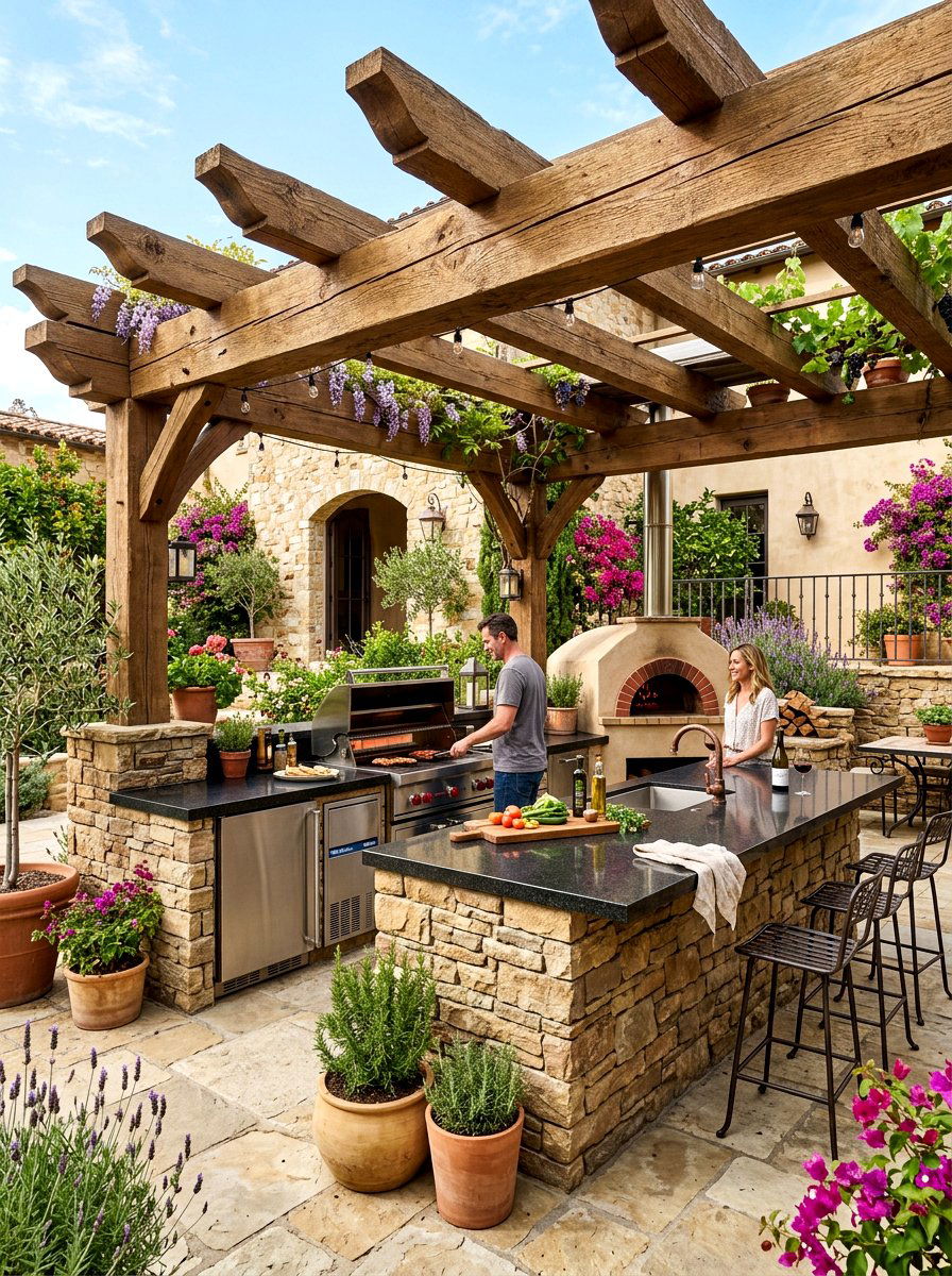Stone outdoor kitchen station - 30 pergola with kitchen ideas