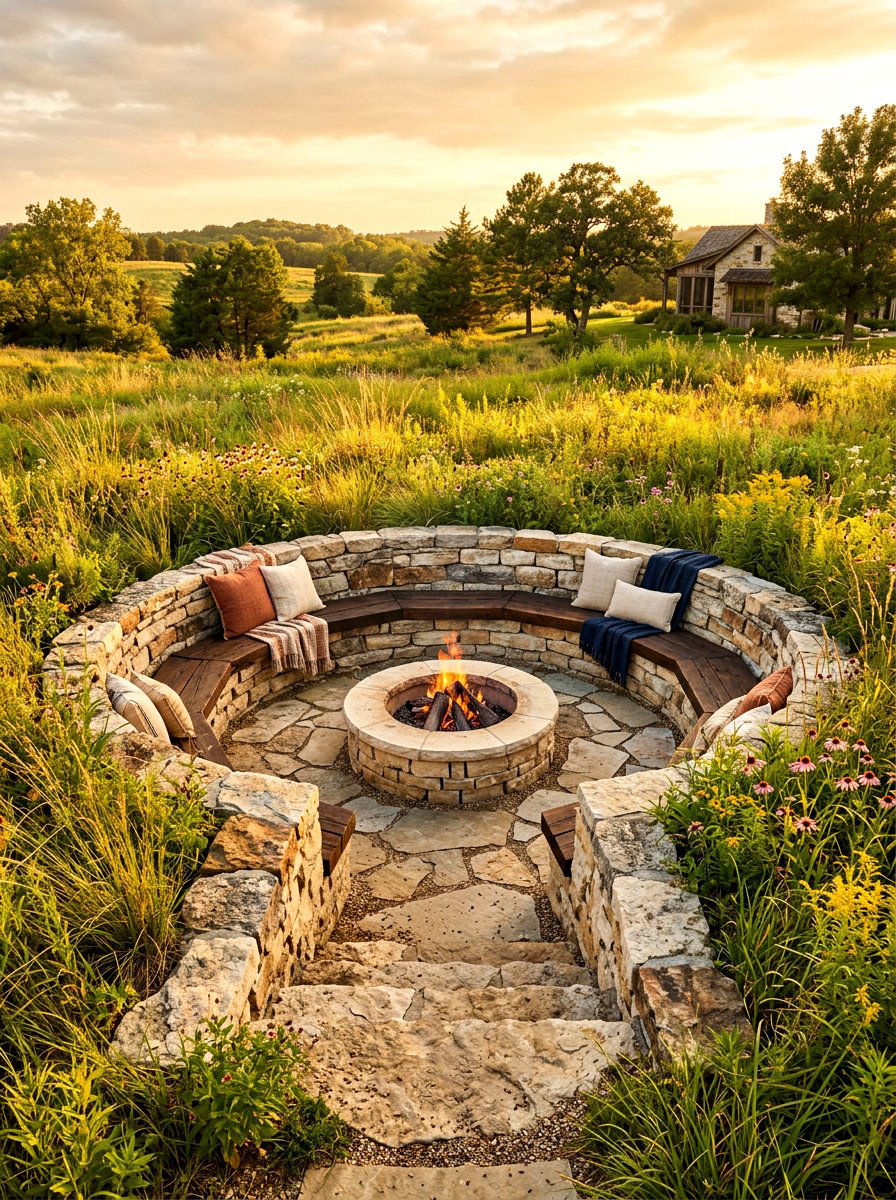 Stone outdoor sunken seating - 30 sunken conversation pit ideas