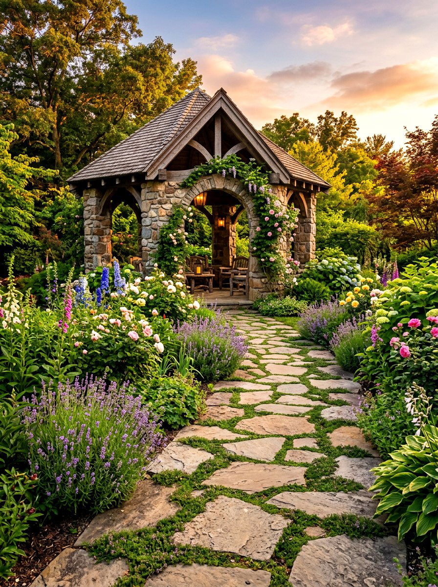 Stone path gazebo garden - 30 gazebo flower garden ideas