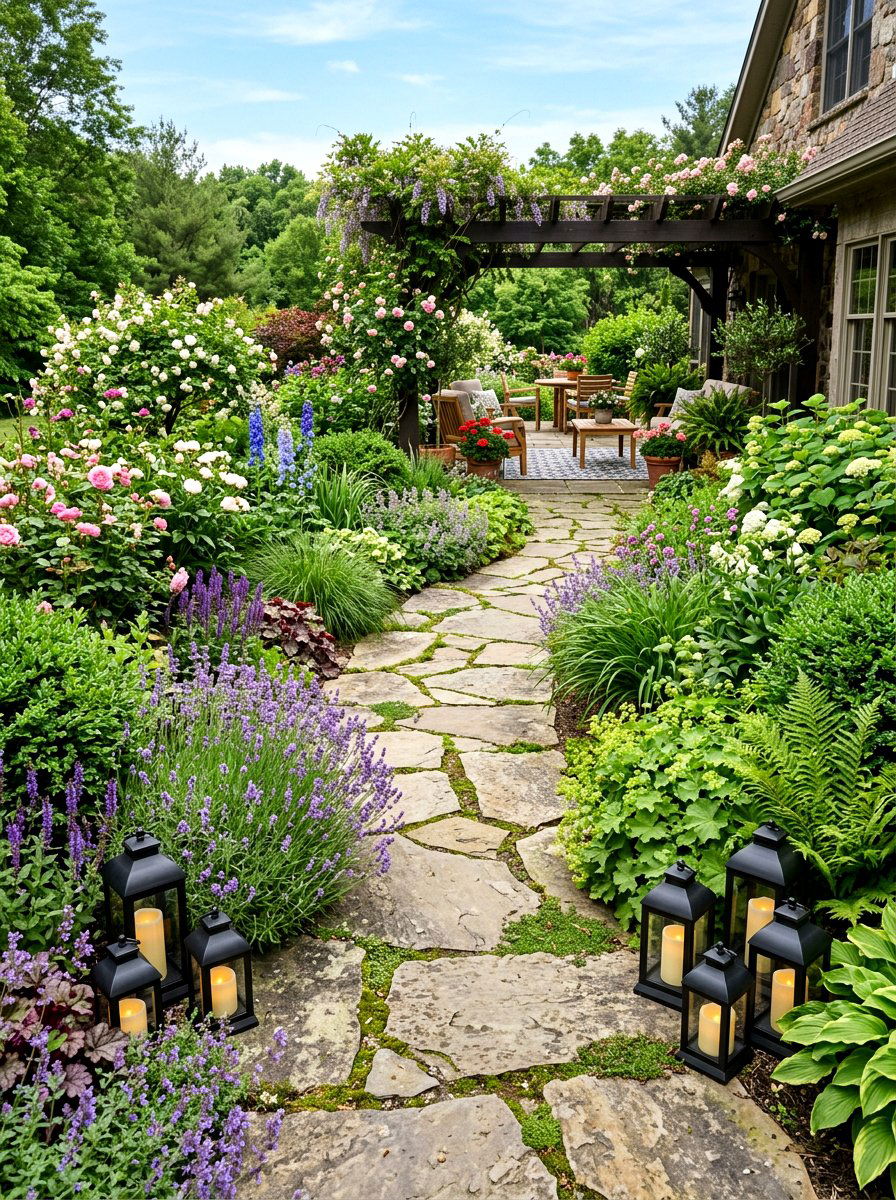 Stone path lanterns - 30 lantern patio cluster ideas