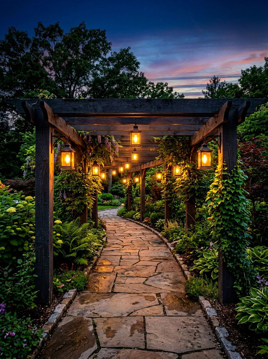 Stone path pergola with lighting - 30 pergola walkway ideas