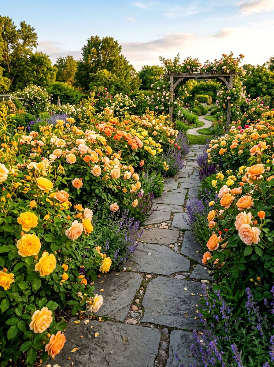 Stone path rose border - 30 cottage rose border landscaping ideas