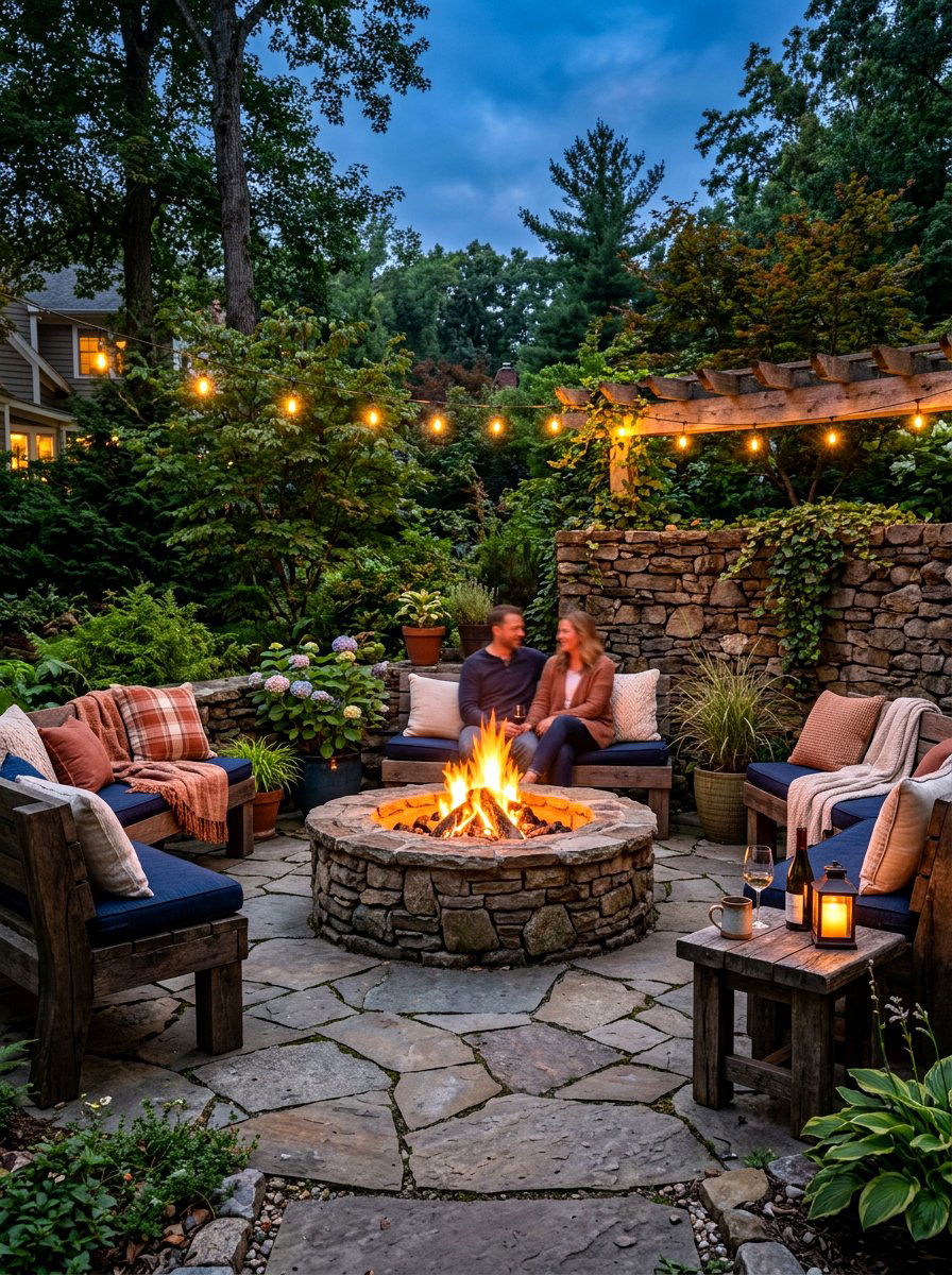 Stone patio fire - 30 backyard club lounge ideas