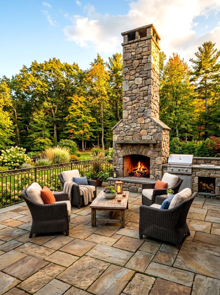 Stone patio with outdoor fireplace - 30 family BBQ patio ideas