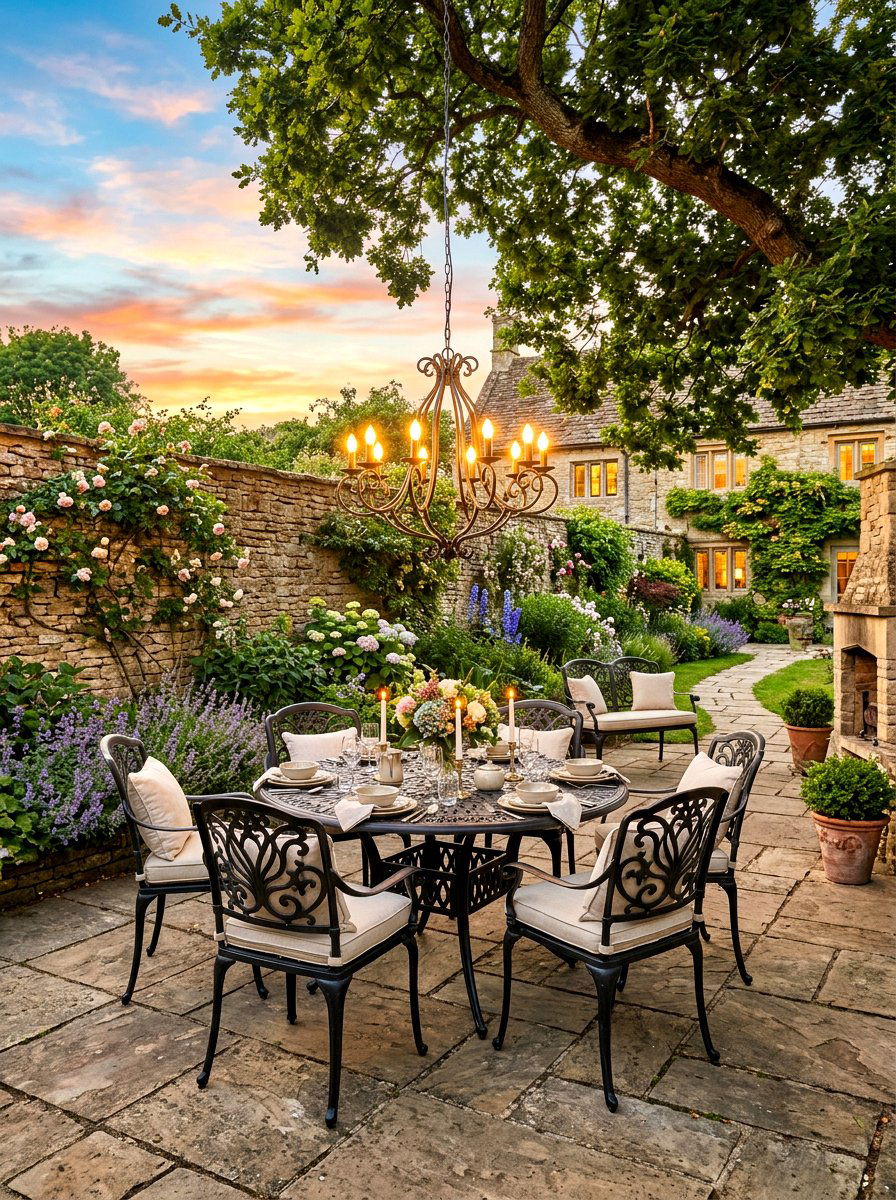 Stone patio with wrought iron furniture - 30 starlit patio hosting ideas