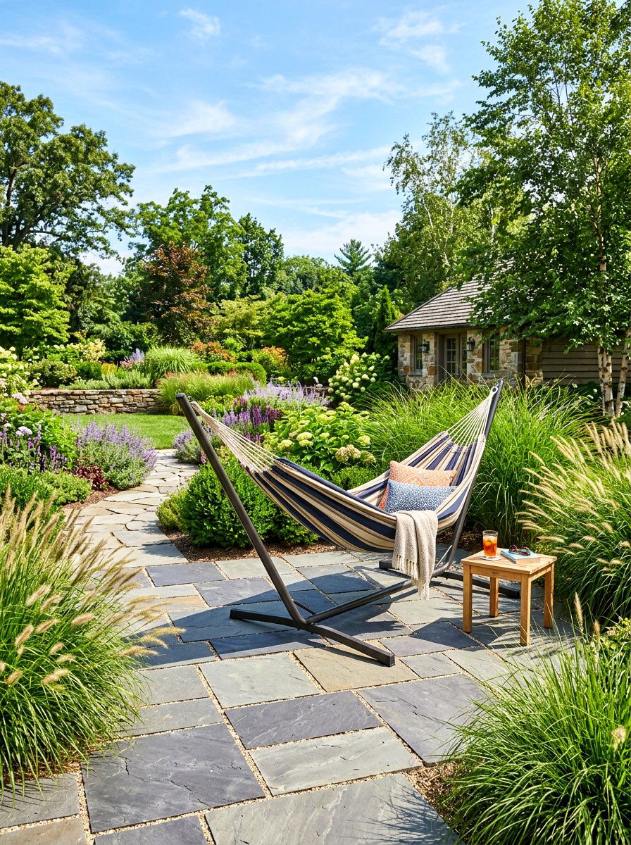 Stone paver hammock area - 30 hammock garden corner ideas