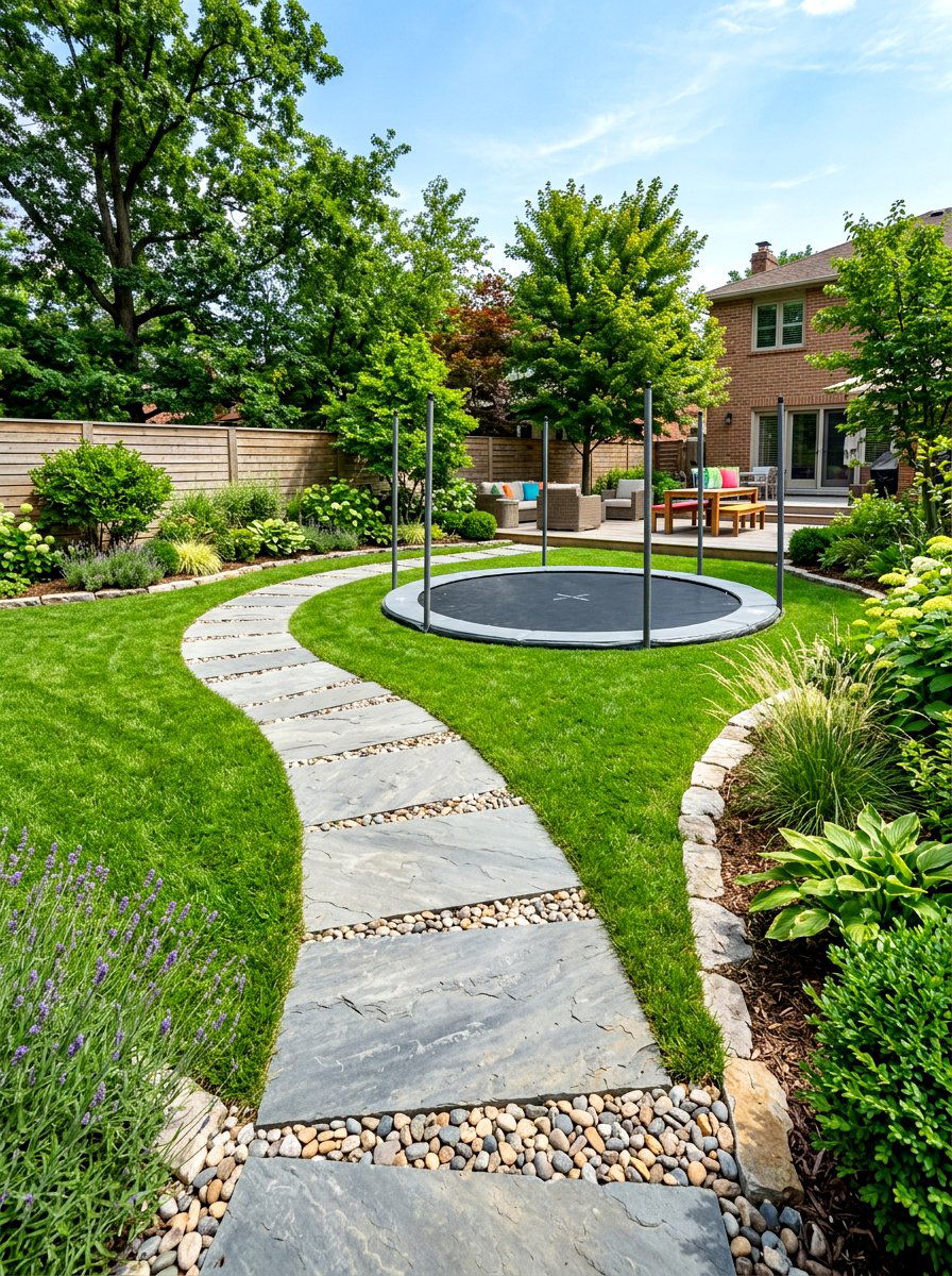 Stone paver path - 30 trampoline landscaping ideas