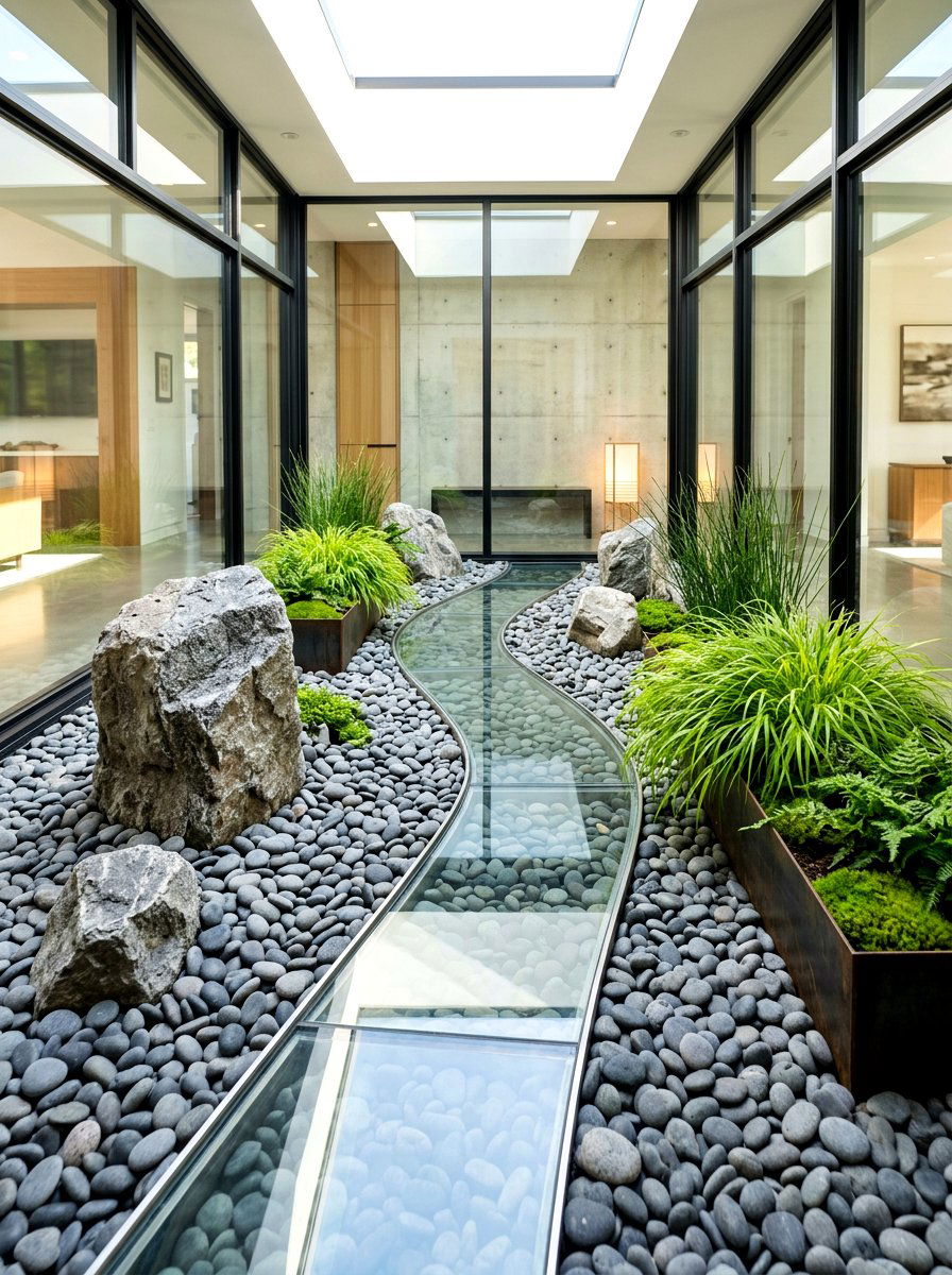 Stone pebble courtyard - 30 indoor courtyard home ideas