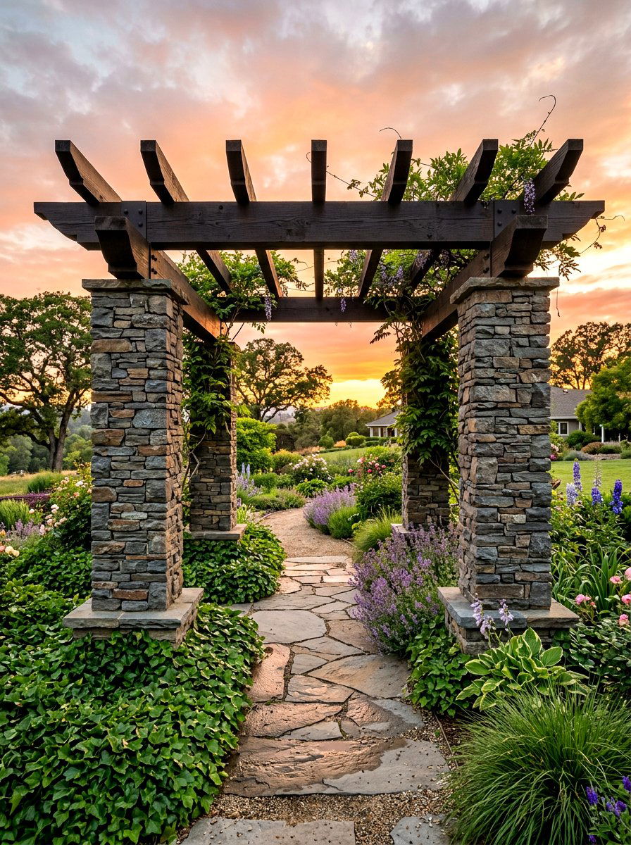Stone pillar garden arbor - 30 arbor entry exterior ideas