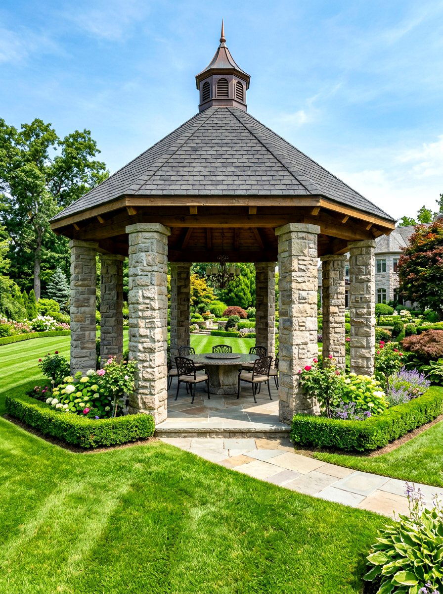 Stone pillar gazebo - 30 garden party gazebo ideas