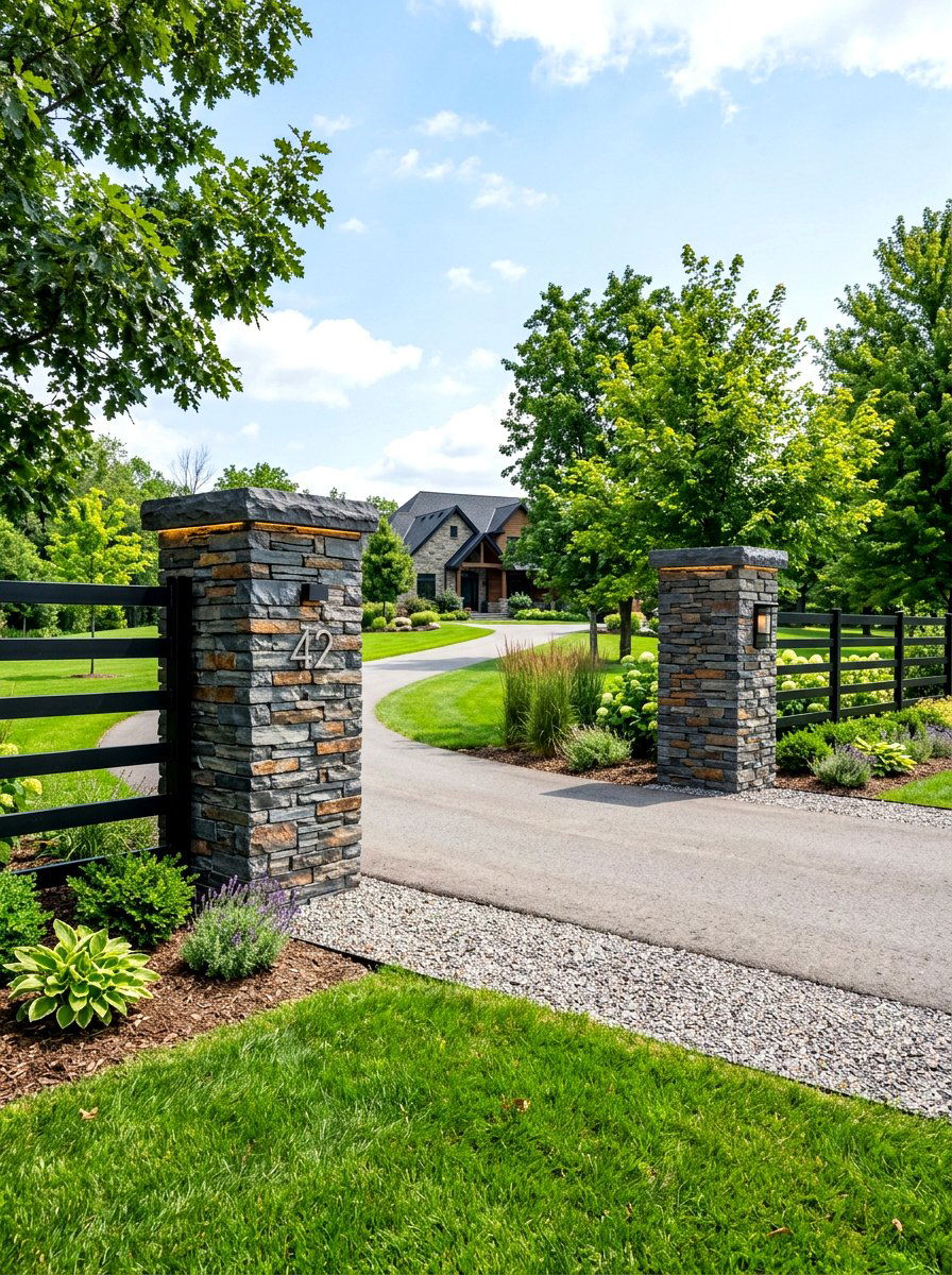 Stone pillars - 30 driveway entrance ideas