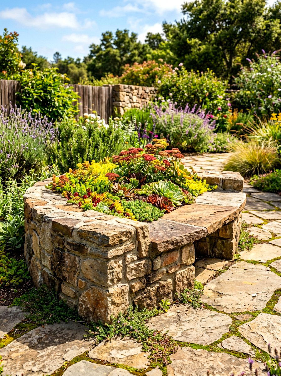 Stone planter bench - 30 patio bench with planter ideas