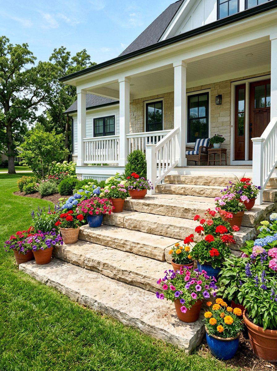Stone porch steps - 30 colonial front porch ideas