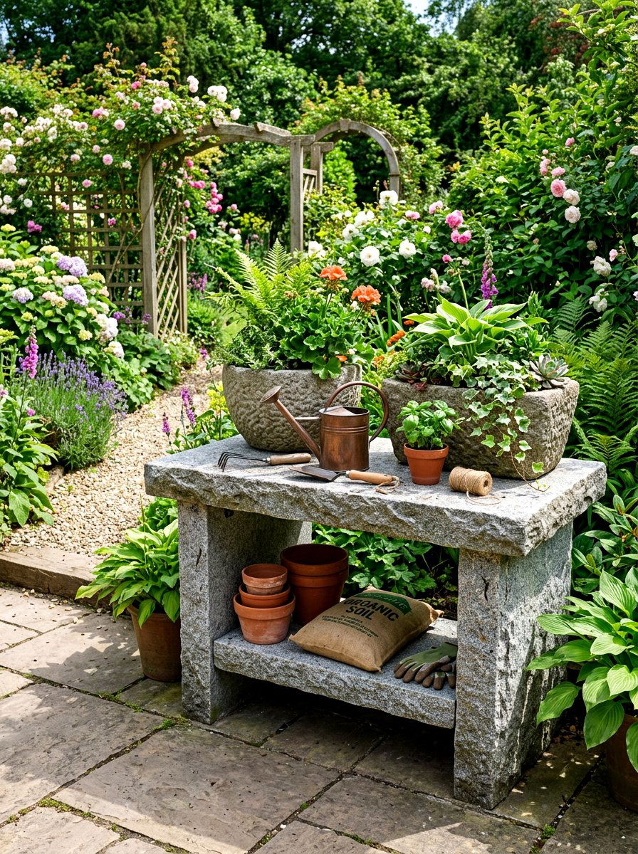 Stone potting station - 30 potting table greenhouse ideas