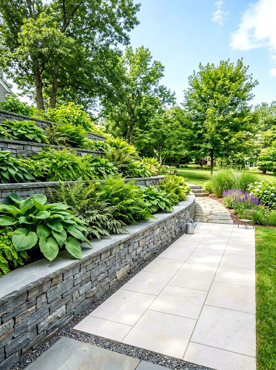 Stone retaining wall - 30 split level backyard ideas