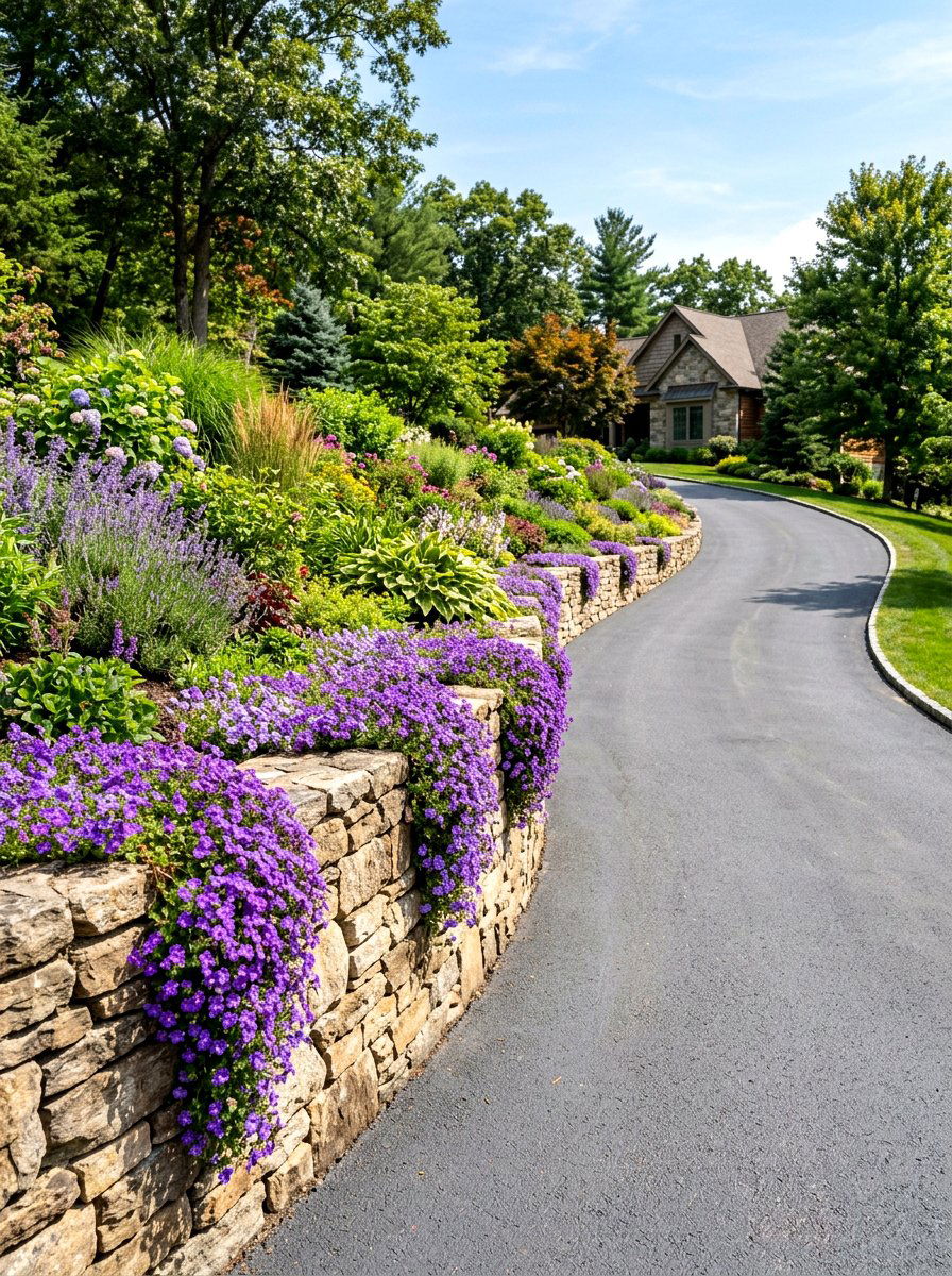 Stone retaining wall driveway - 30 driveway side garden ideas