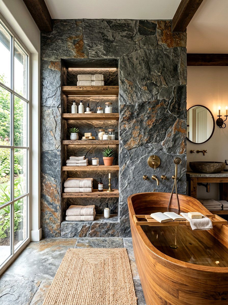 Stone textured wall storage - 30 tub niche ideas
