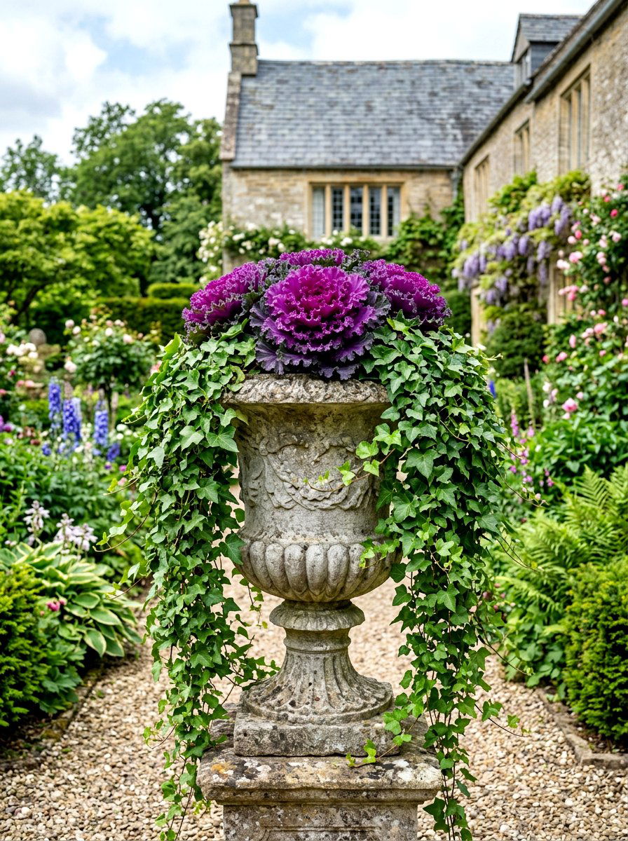 Stone urn with trailing ivy and kale - 30 autumn planter ideas
