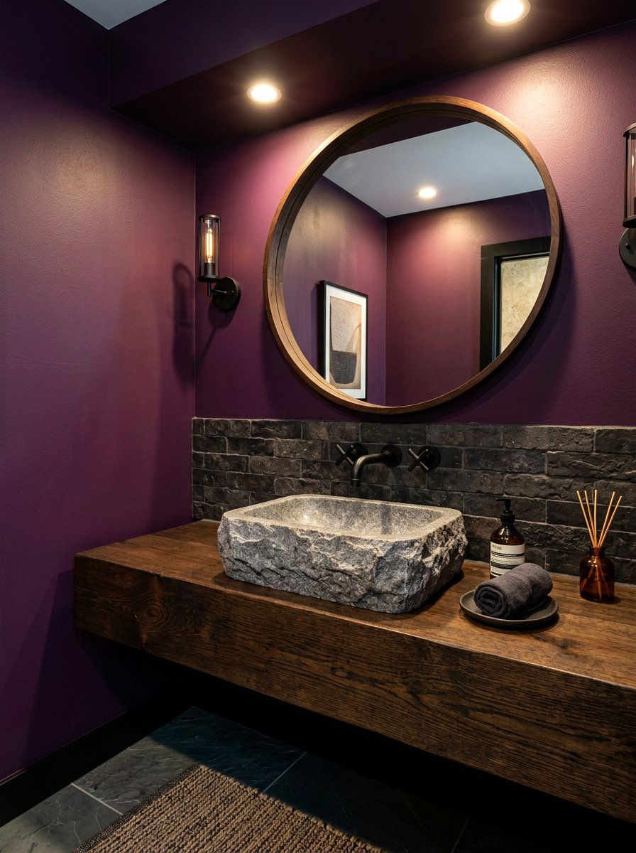 Stone vessel sink - 30 aubergine powder room ideas