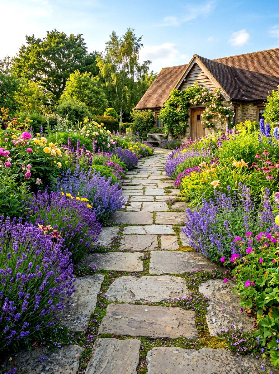 Stone walkway with flowers - 30 cottage front yard garden ideas