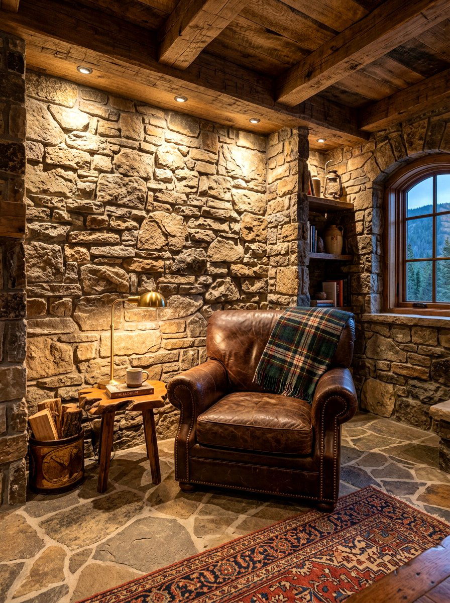 Stone wall basement nook - 30 basement reading nook ideas