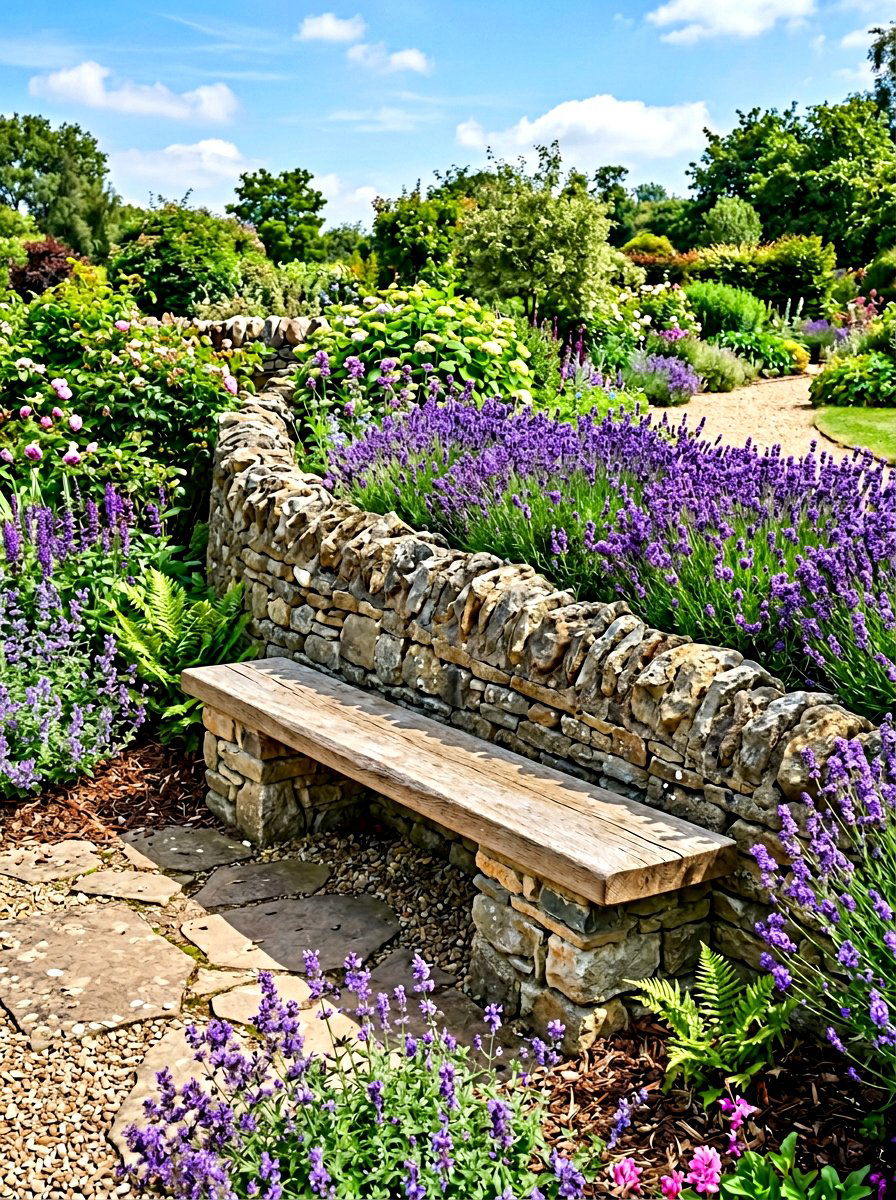 Stone wall bench - 30 backyard seating ideas