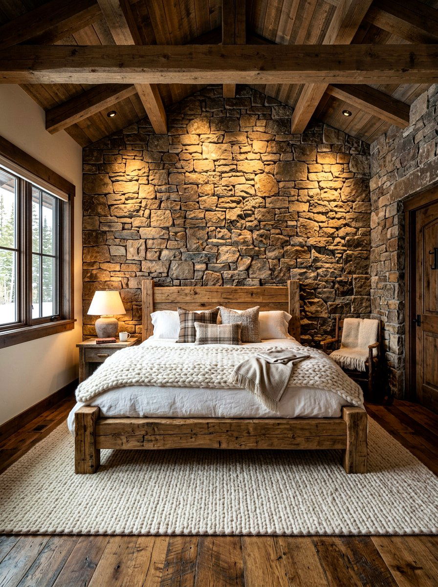 Stone wall cabin bedroom - 30 mountain cabin bedroom ideas