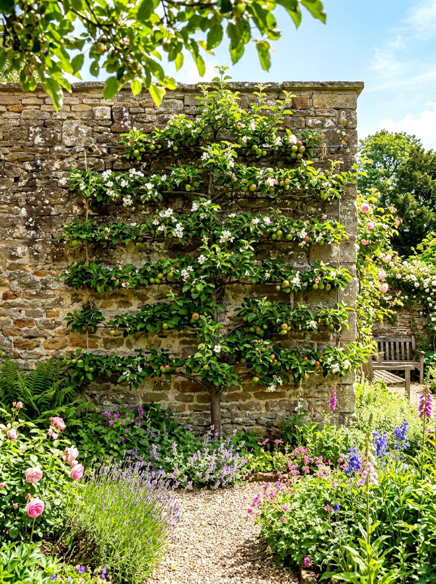 Stone wall espalier - 30 espalier wall garden ideas