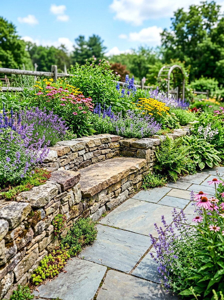 Stone wall garden bench - 30 small courtyard seating ideas