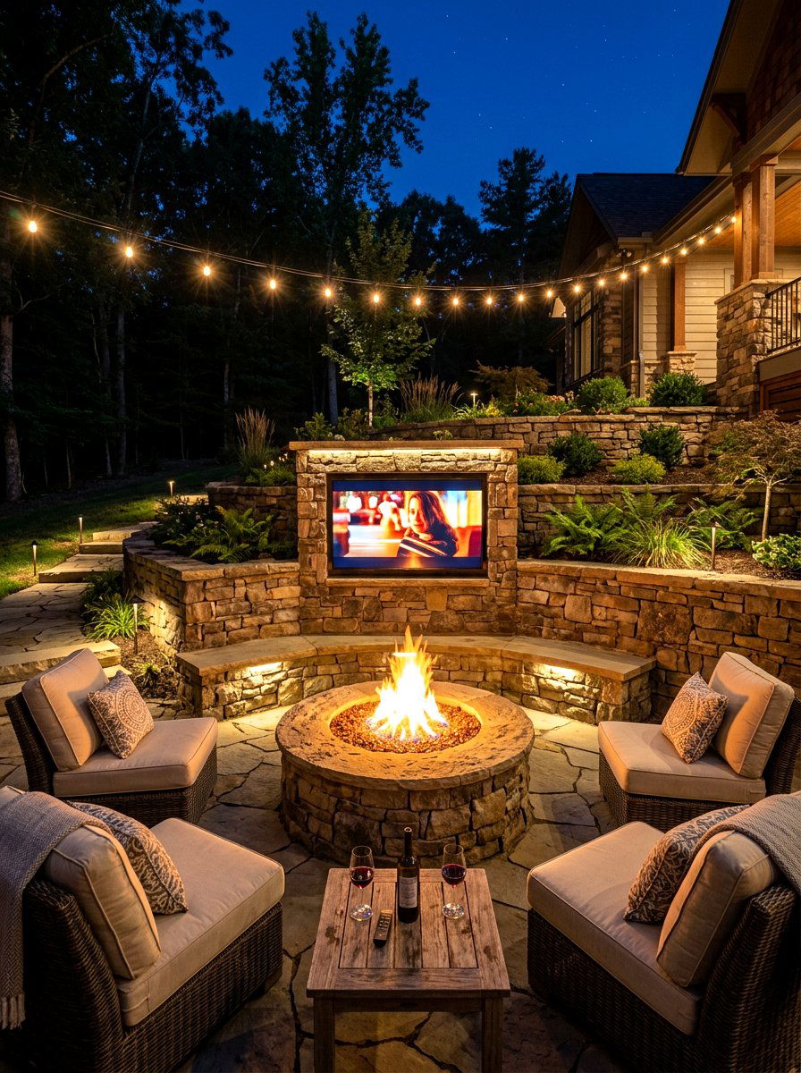Stone wall gas fire pit - 30 gas fire lounge patio ideas