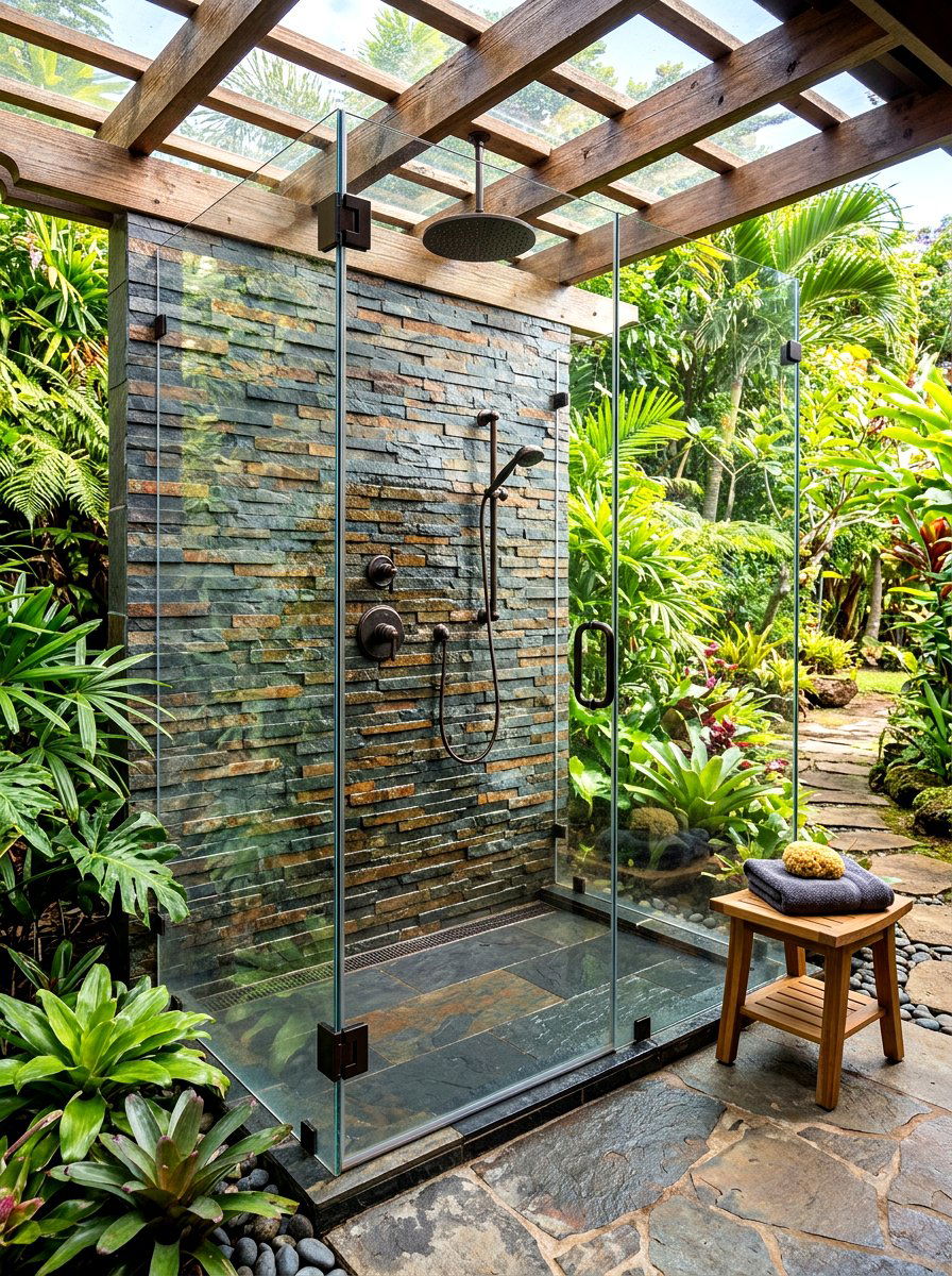 Stone wall shower - 30 rustic bathroom ideas