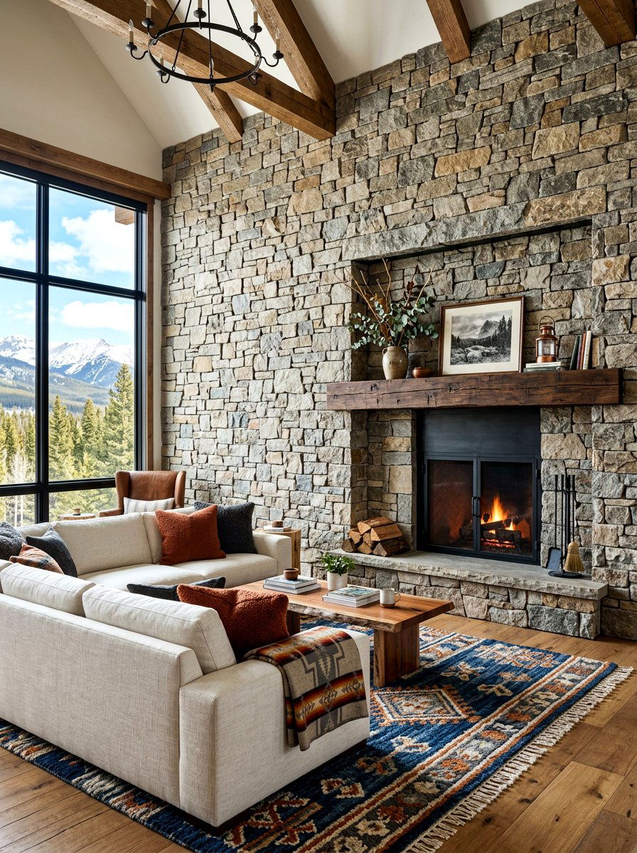 Stone wall with off center fireplace - 30 off center fireplace ideas