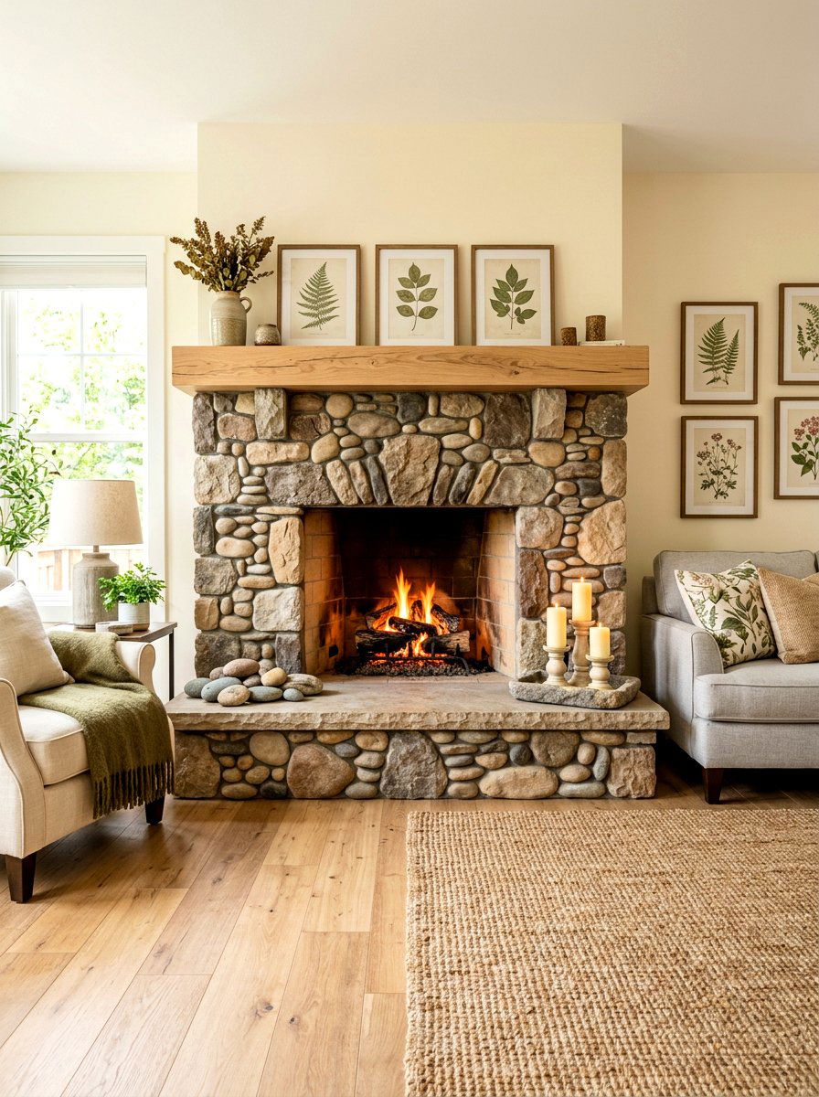 Stones and pebbles fireplace - 30 garden inspired spring decor ideas