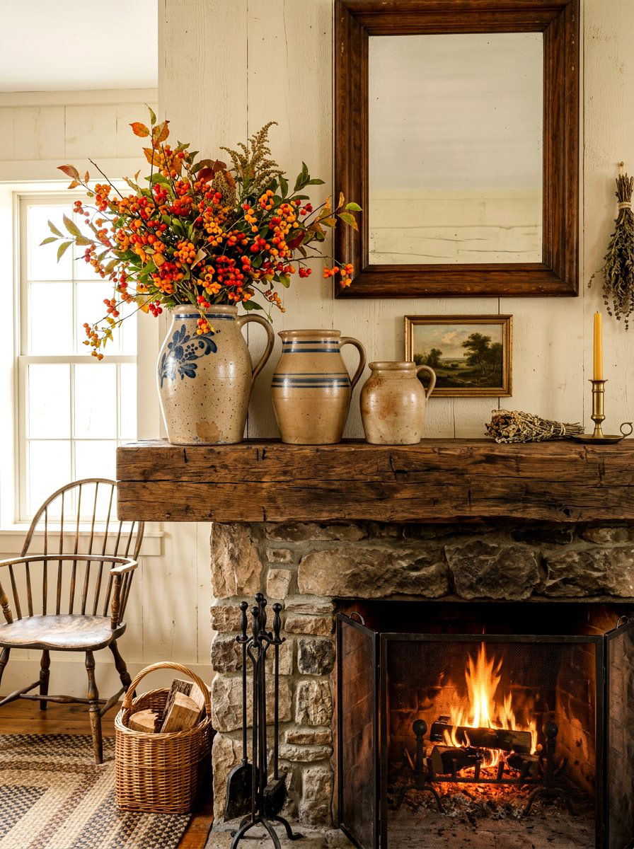Stoneware Pitcher Arrangement - 30 fall mantel layering ideas
